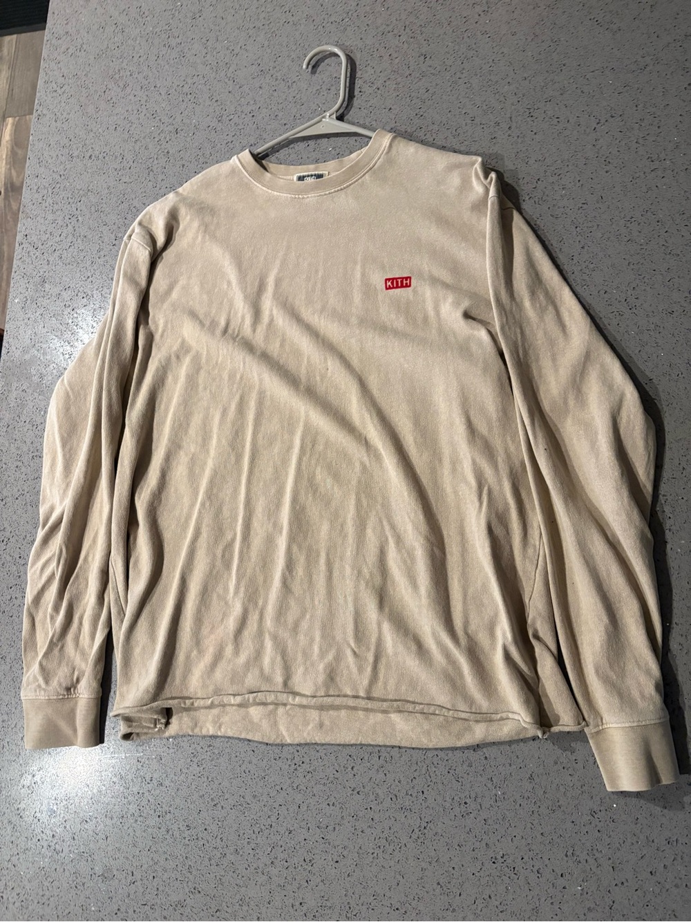 Kith Long-Sleeve Crewneck Tee in Beige with Red Logo